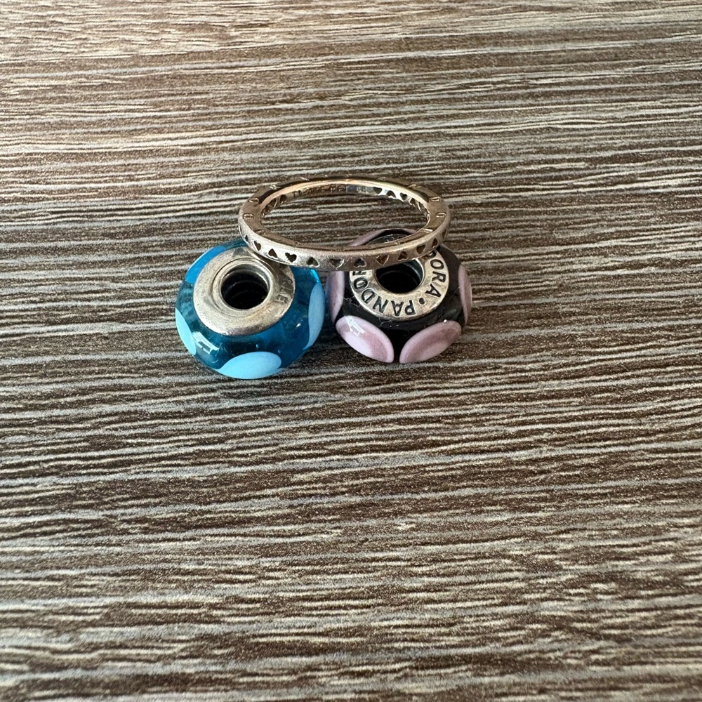 Pandora Silver Heart Stacking Ring with Blue and Pink Glass Charms